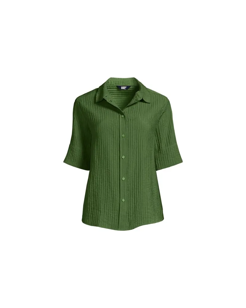 Lands' End Kurzärmeliges Crinkle-Hemd, Damen, Größe regular, Grün, Nylon/Viskose, by Grün
