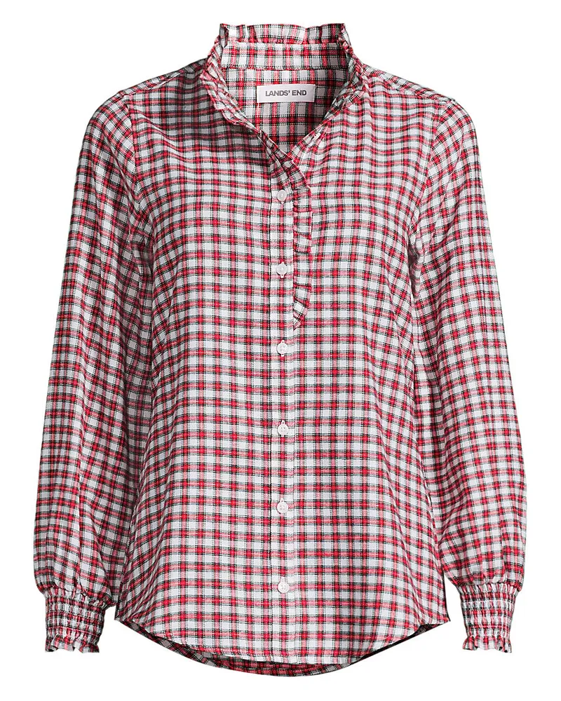 Lands' End Flanellbluse mit Rüschenkragen, Damen, Größe plus, Rot, Baumwolle, by Rot