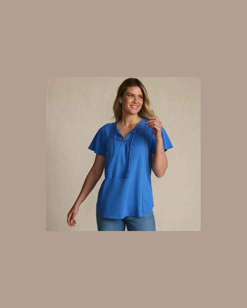 Lands' End Flammgarn-Jerseyshirt mit kurzen Flügelärmeln, Damen, Größe regular, Blau, Baumwolle, by Blau