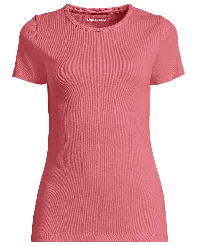 Lands' End Feinripp-Shirt mit Rundhalsausschnitt und kurzen Ärmeln, Damen, Größe regular, Rot, Baumwolle/Elasthan, by Rot