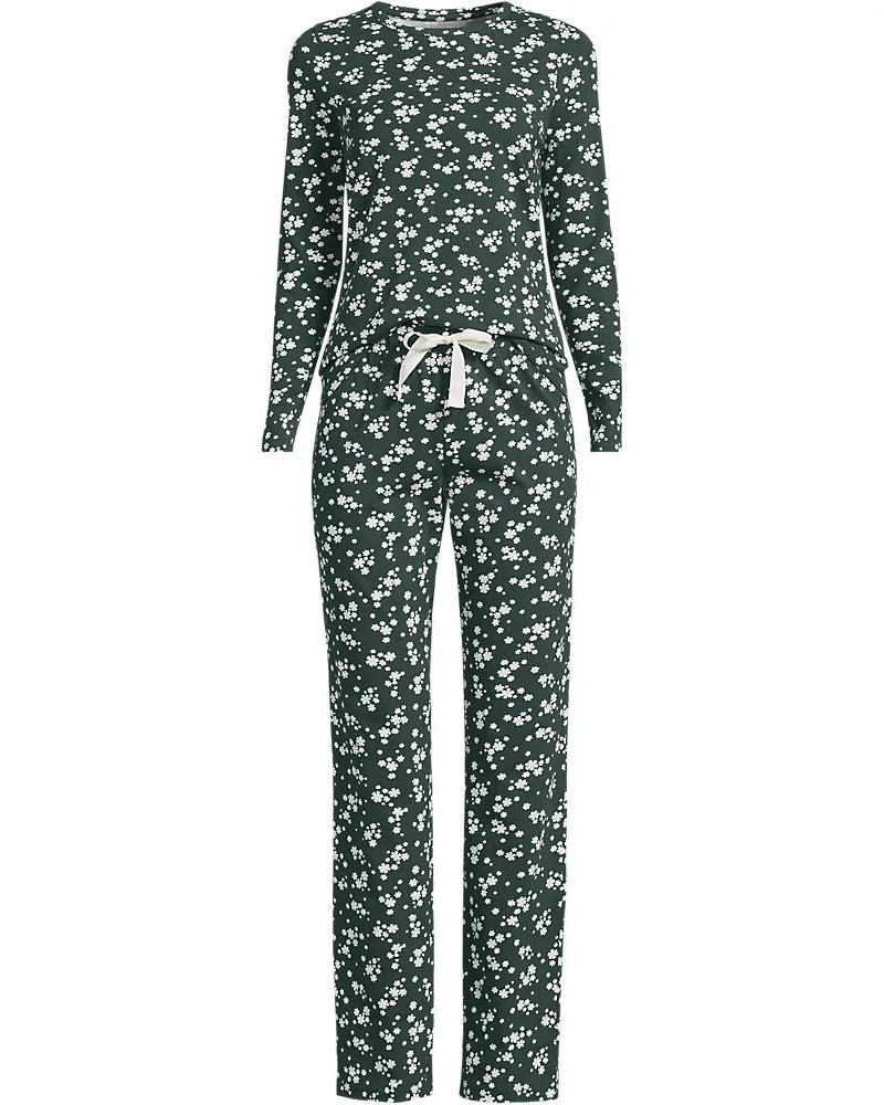 Lands' End Gemustertes Pyjama-Set aus Baumwoll-Jersey, Damen, Größe regular, Grün, Elasthan/Baumwoll-Mischung, by Grün