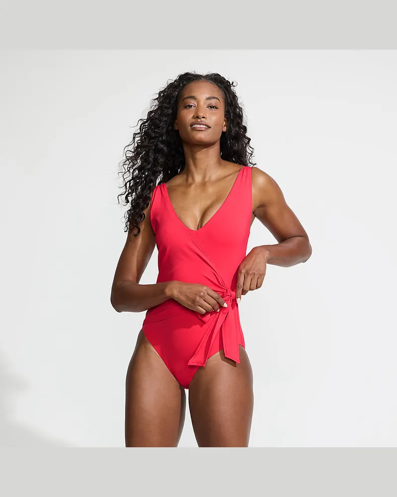 Lands' End Badeanzug mit seitlichem Bindeband, hohes Bein, Damen, Größe regular, Pink, Nylon-Mischung, by Pink