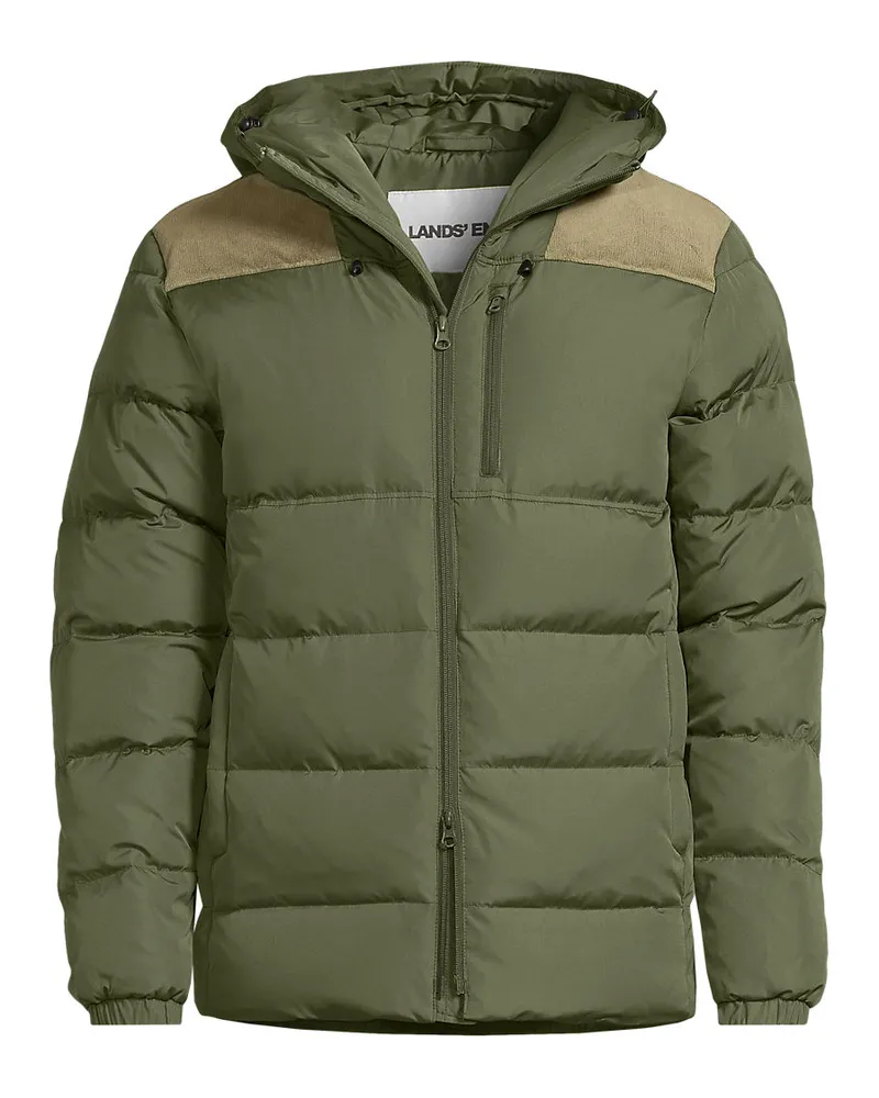 Lands' End Daunen-Kapuzenjacke mit Cord-Besatz, Herren, Größe regular, Grün, Polyester, by Grün