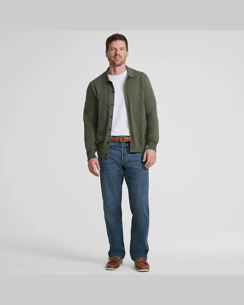 Lands' End Feinstrick-Cardigan aus reiner Baumwolle mit Argyle-Muster, Herren, Größe regular, Grün, Baumwolle, by Grün