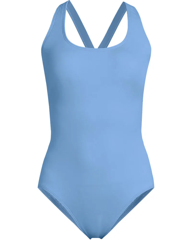 Lands' End Komfort-Badeanzug mit gekreuzten Trägern, hohes Bein, Damen, Größe:34 regular, Blau, Nylon-Mischung, by Blau