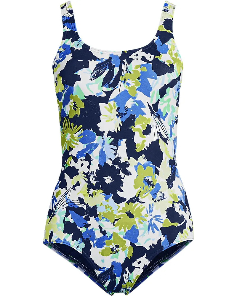 Lands' End Gemusterter Komfort-Badeanzug CHLORRESISTENT mit Soft Cups, Damen, Größe:34 regular, Blau, Nylon-Mischung, by Blau