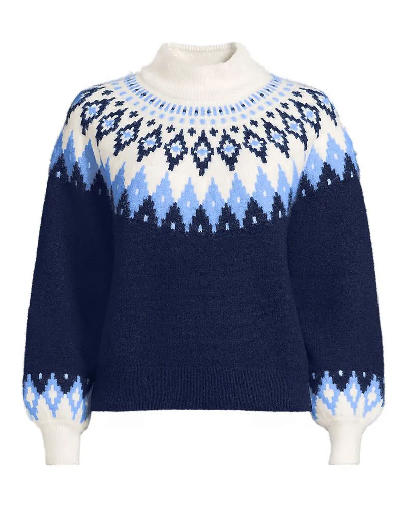 Lands' End Flauschiger Fair Isle Pullover mit Ballonärmeln, Damen, Größe regular, Blau, Polyester-Mischung/Nylon-Mischung, by Blau