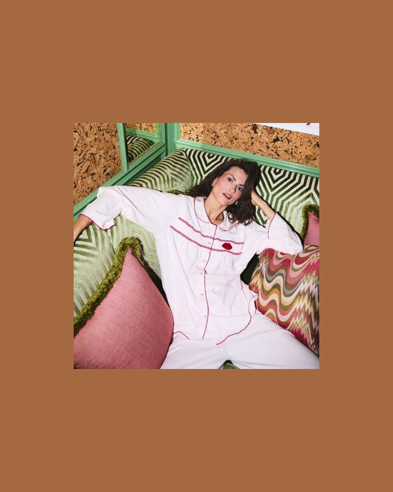 Lands' End x Lulu Guinness Pyjama-Set mit Smok-Details, Damen, Größe:40-42 regular, Pink, Baumwolle, by Lands' End Pink