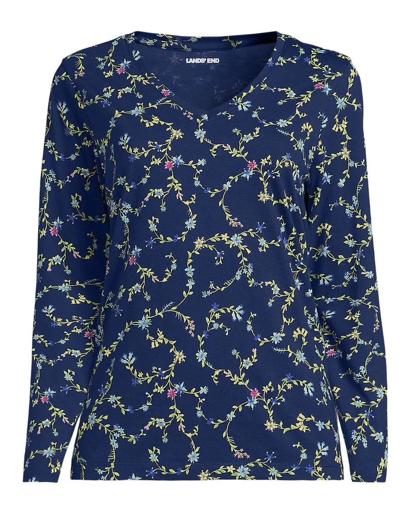 Lands' End Supima® Langarm-Shirt mit V-Ausschnitt, Damen, Größe regular, Blau, Baumwolle, by Blau