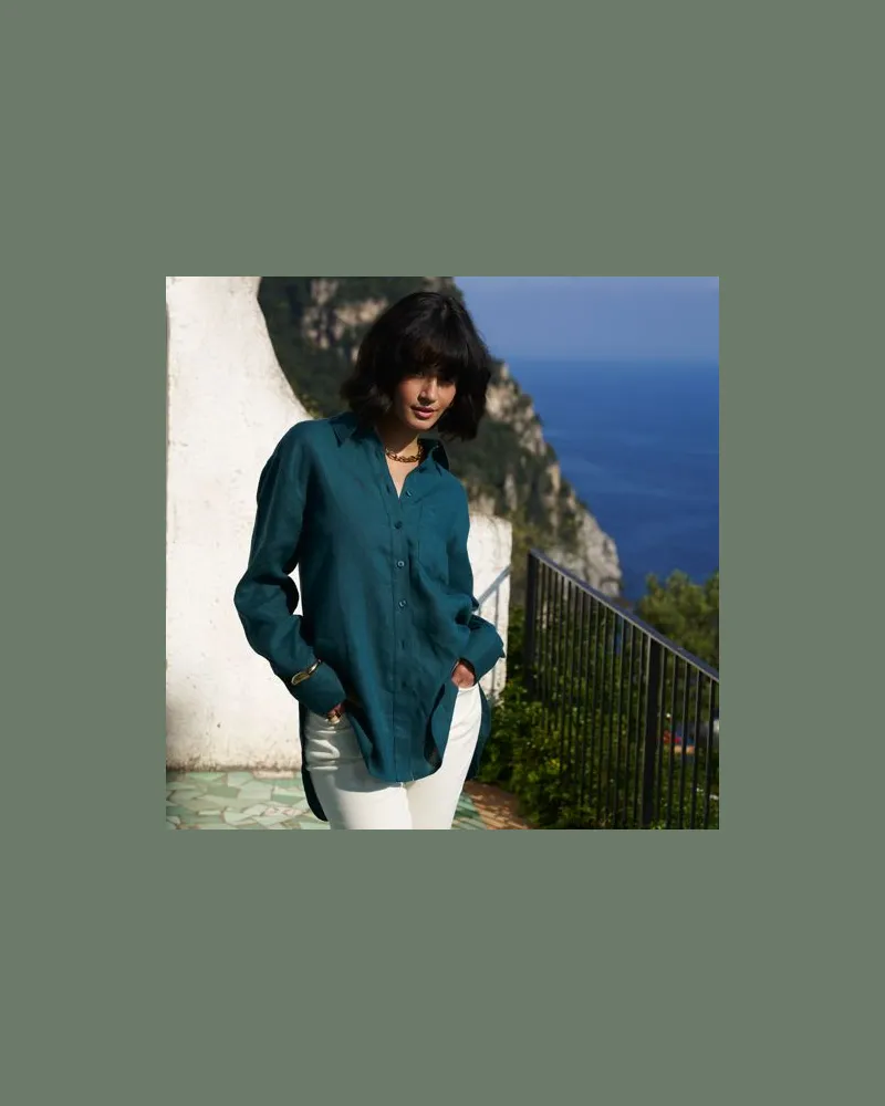 Lands' End Langes Oversized Premium Reinleinen-Hemd, Damen, Größe regular, Blau, Leinen, by Blau