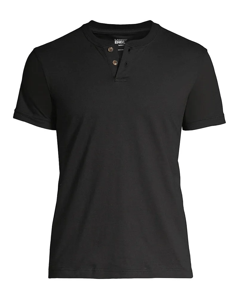 Lands' End Kurzarm-Super-T Henleyshirt, Herren, Größe regular, Schwarz, Baumwolle, by Schwarz