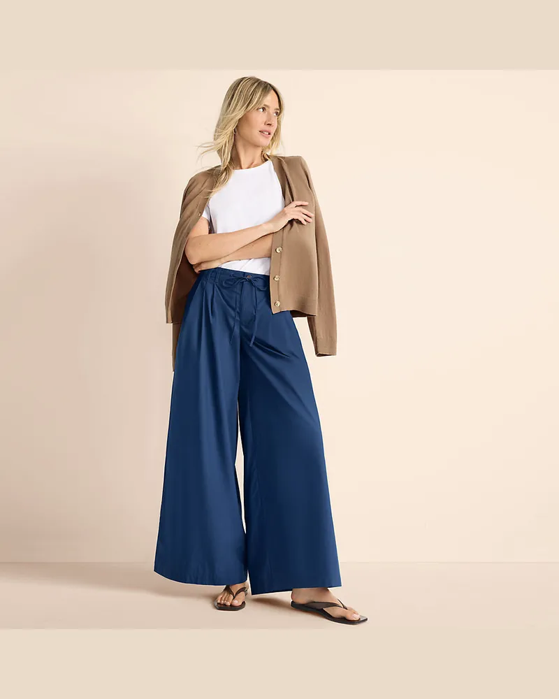 Lands' End Extraweite Bundfaltenhose aus Baumwoll-Popeline, Damen, Größe regular, Blau, Baumwolle, by Blau