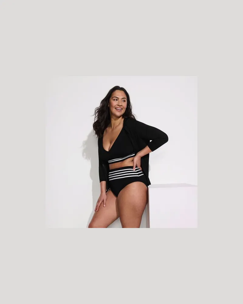 Lands' End Bikinihose mit Paspelierung, High Waist, hoher Beinausschnitt, Damen, Größe plus, Schwarz, Elasthan/Nylon-Mischung, by Schwarz