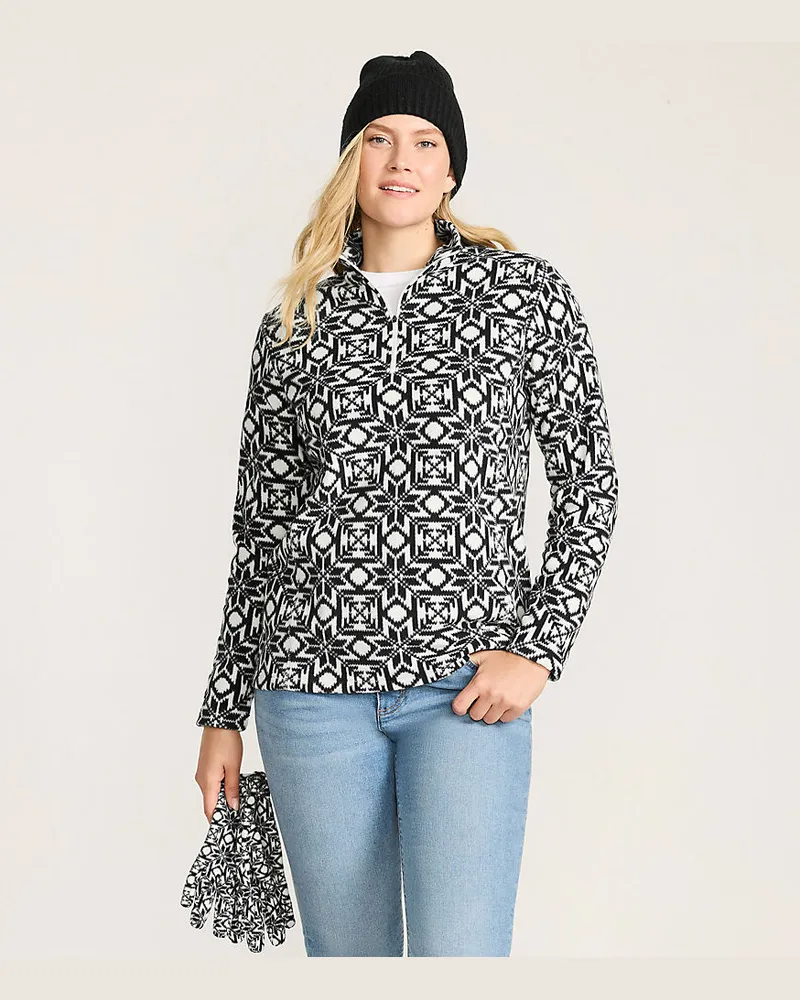 Lands' End Gemusterter Fleece-Pullover mit Reißverschluss, Damen, Größe regular, Schwarz, Polyester, by Schwarz