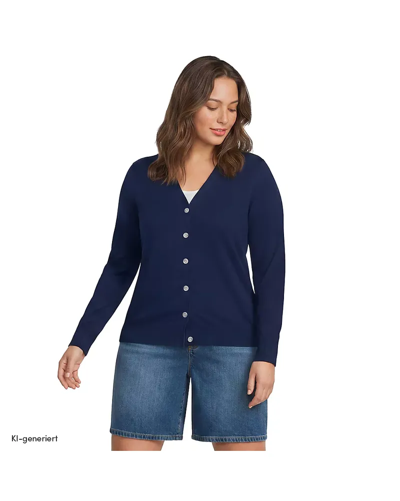 Lands' End Feinstrick-Baumwollcardigan mit unterlegtem Ausschnitt, Damen, Größe plus, Blau, Baumwolle, by Blau
