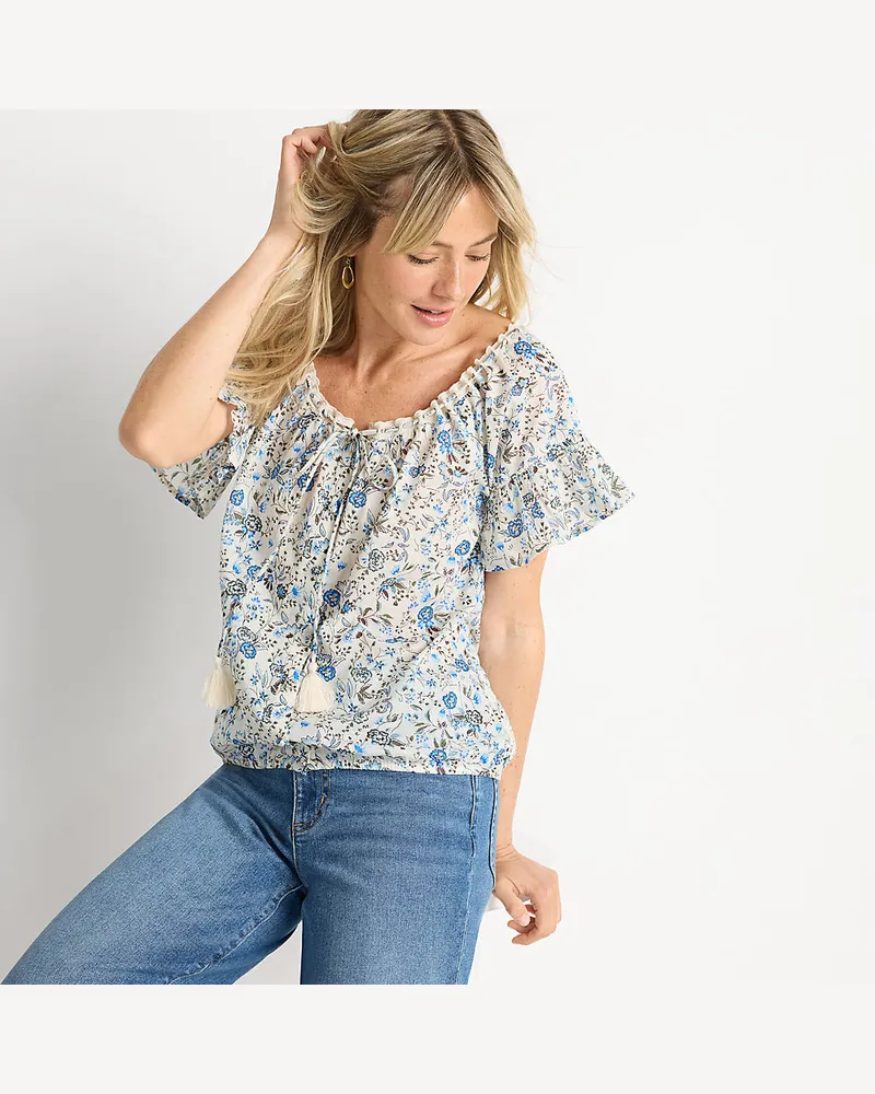 Lands' End Baumwollbluse mit Rüschenärmeln, Damen, Größe regular, Blau, Baumwolle, by Blau