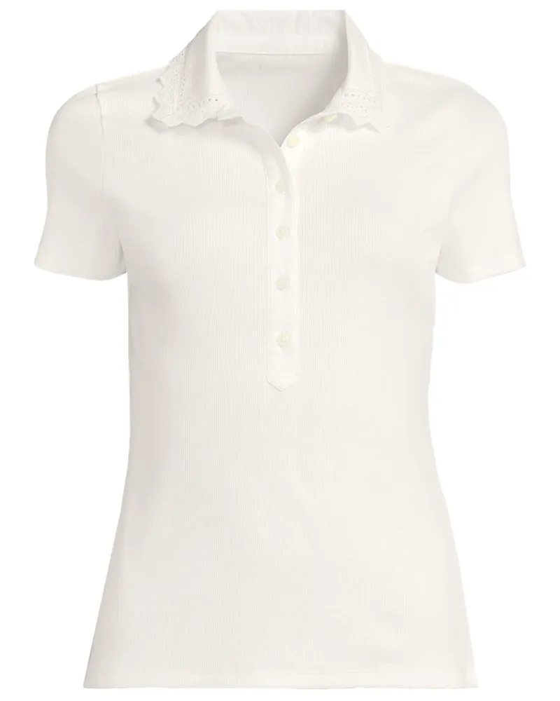 Lands' End Feinripp-Poloshirt mit Lochmusterkragen, Damen, Größe plus, Weiß, Baumwoll-Mischung, by Weiß