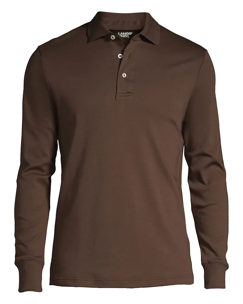 Lands' End Supima Langarm-Polo, Classic Fit, Herren, Größe regular, Braun, Baumwolle, by Braun