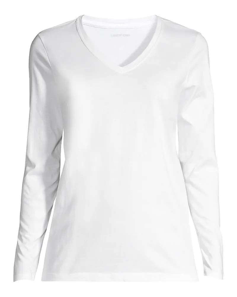 Lands' End Supima® Langarm-Shirt mit V-Ausschnitt, Damen, Größe plus, Weiß, Baumwolle, by Weiß