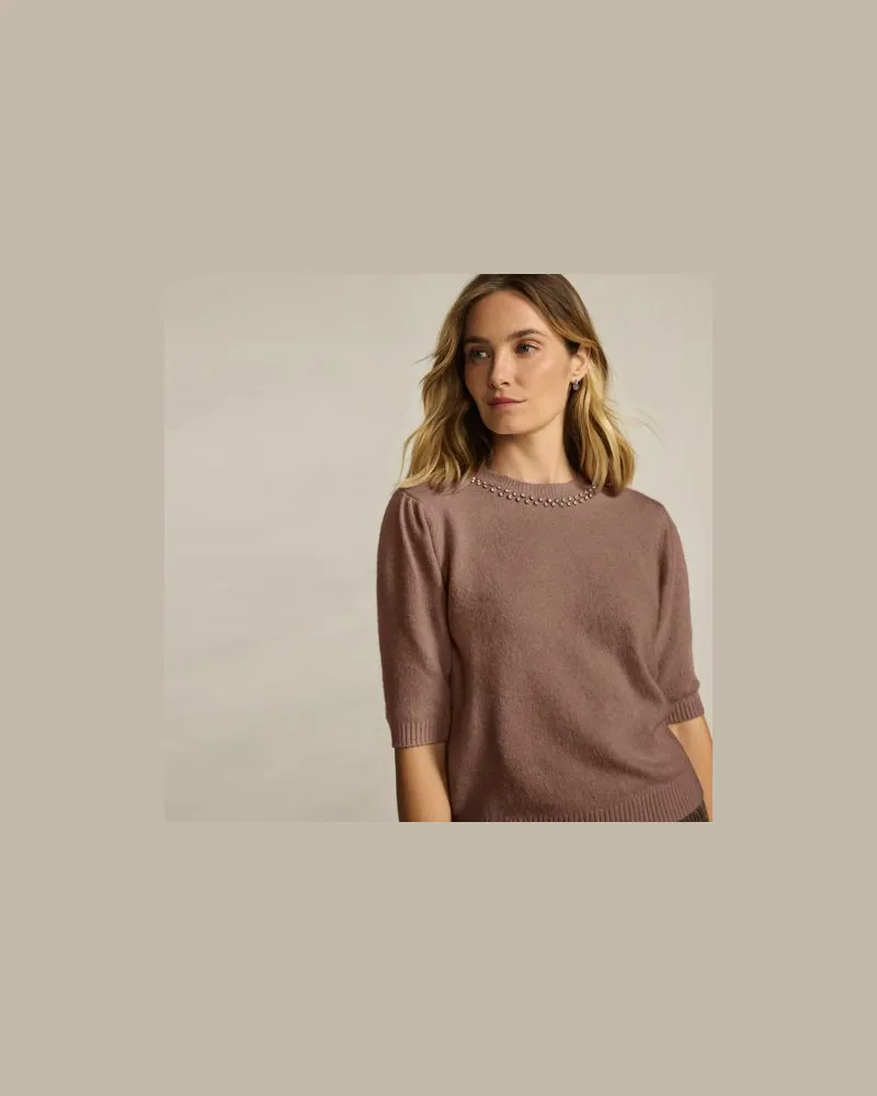 Lands' End Kurzarm-Pullover Wool Touch mit Strassverzierung, Damen, Größe:32-34 regular, Braun, Wolle/Polyester/Viskose, by Braun
