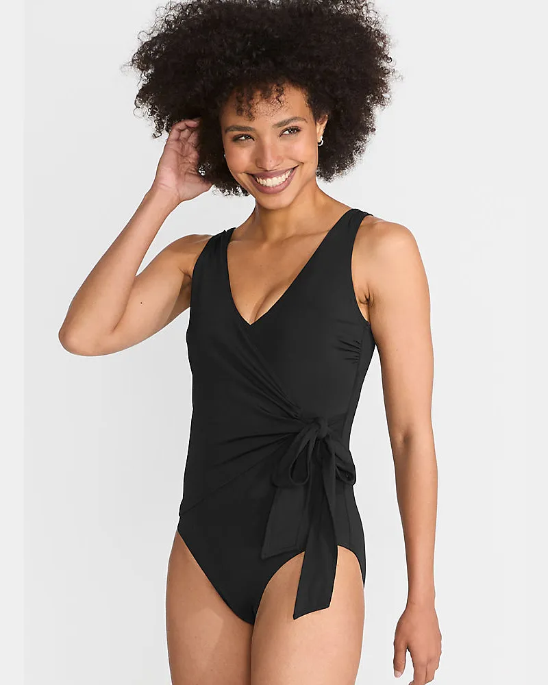 Lands' End Badeanzug mit seitlichem Bindeband, hohes Bein, Damen, Größe regular, Schwarz, Nylon-Mischung, by Schwarz