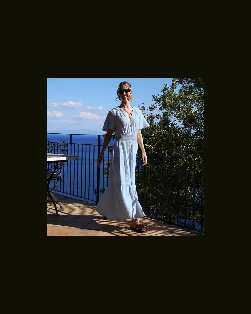 Lands' End Stufen-Maxikleid aus Musselin, Damen, Größe regular, Blau, Baumwolle, by Blau