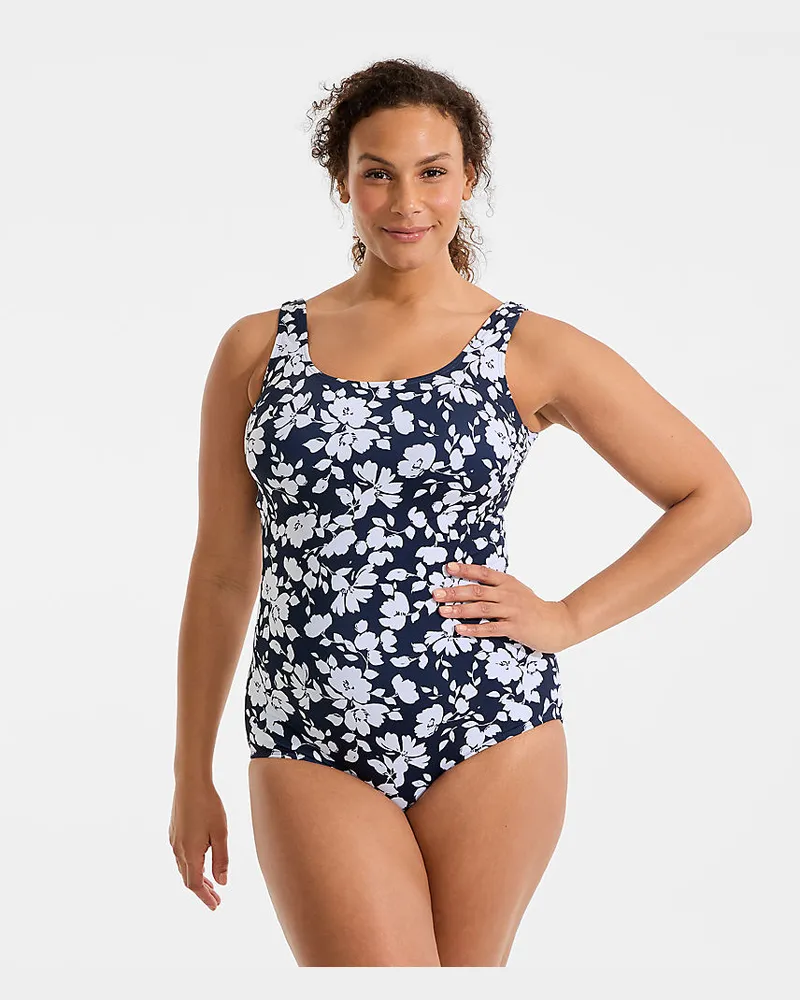Lands' End Gemusterter Komfort-Badeanzug CHLORRESISTENT mit Soft Cups, Damen, Größe plus, Blau, Nylon-Mischung, by Blau