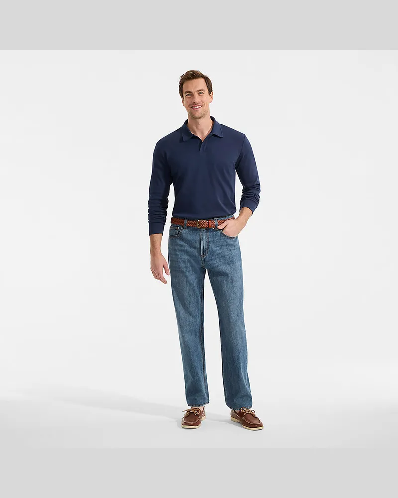 Lands' End Supima Langarm-Poloshirt mit offenem Kragen, Herren, Größe regular, Blau, Baumwolle, by Blau