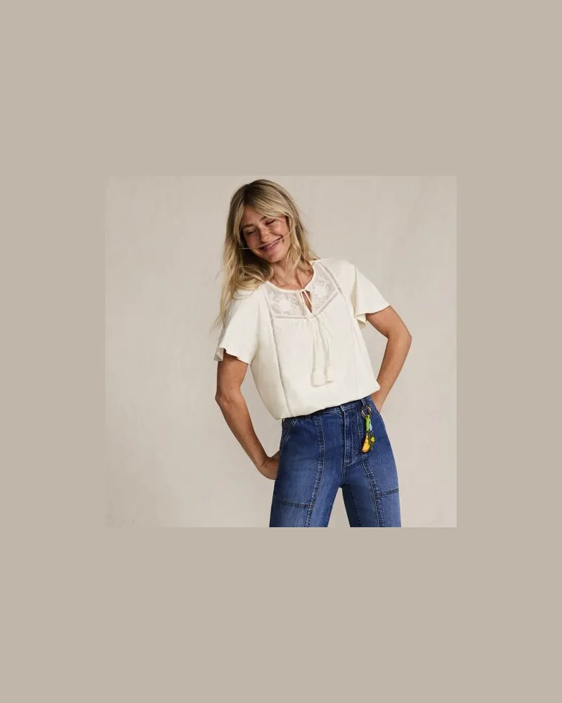 Lands' End Flammgarn-Jerseyshirt mit kurzen Flügelärmeln, Damen, Größe:40-42 regular, Weiß, Baumwolle, by Weiß