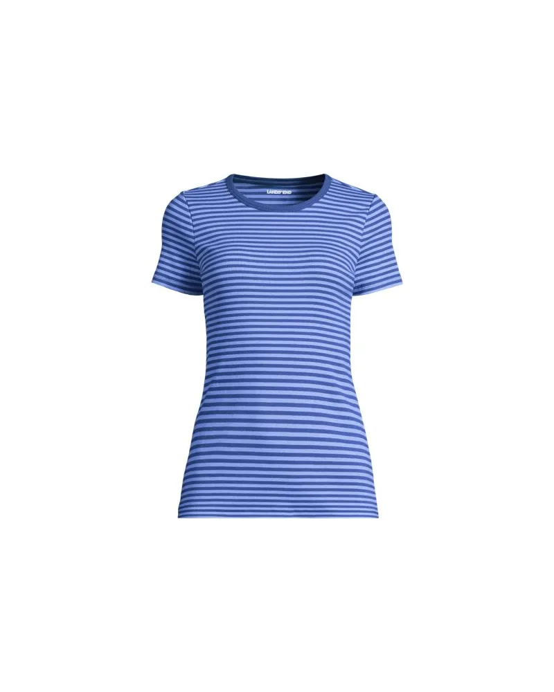 Lands' End Feinripp-Shirt mit Rundhalsausschnitt und kurzen Ärmeln, Damen, Größe regular, Blau, Baumwolle/Elasthan, by Blau