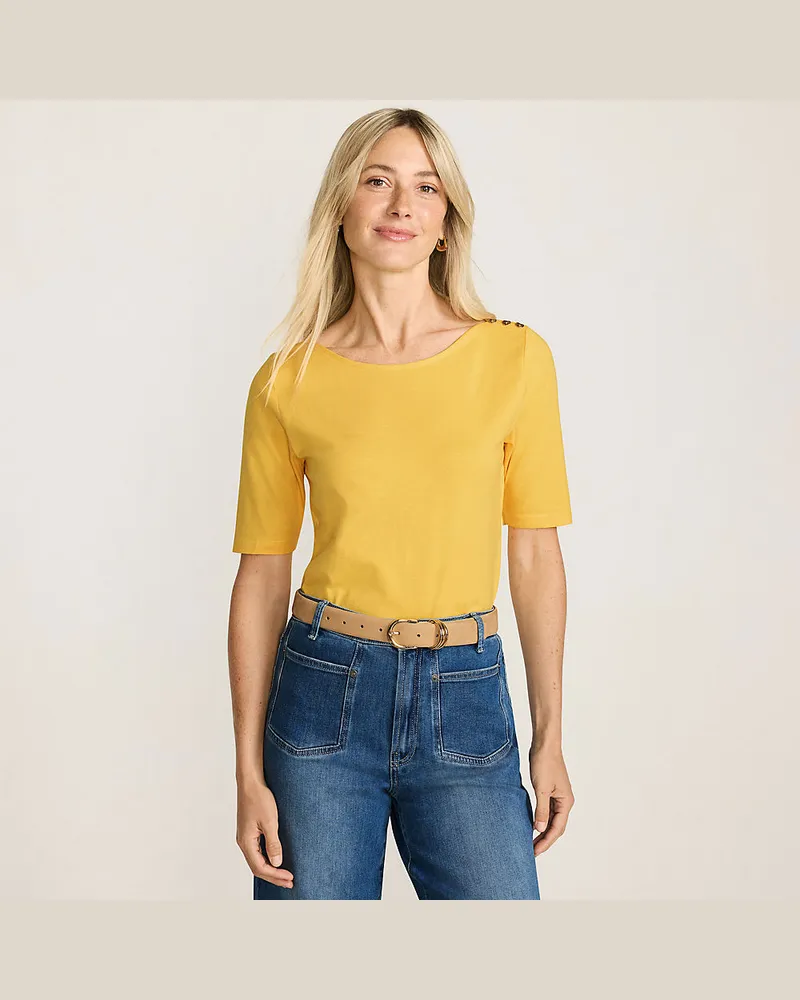 Lands' End Supima T-Shirt mit U-Boot-Ausschnitt und geknöpfter Schulter, Damen, Größe regular, Gelb, Baumwolle, by Gelb