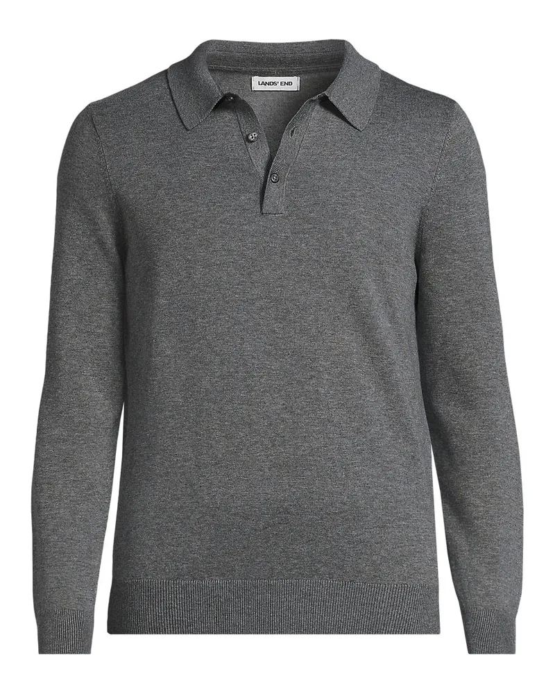 Lands' End Feinstrick-Polopullover aus reiner Baumwolle, Herren, Größe regular, Grau, Baumwolle, by Grau
