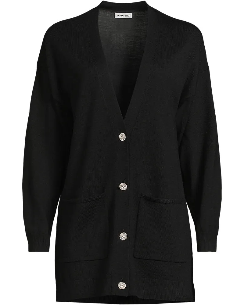 Lands' End Merino-Cardigan mit Strassknöpfen, Damen, Größe regular, Schwarz, Wolle, by Schwarz