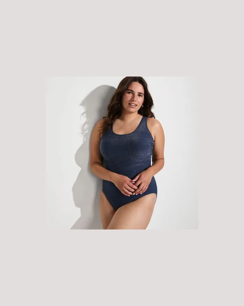 Lands' End Glitzer-Komfort-Badeanzug mit gekreuzten Trägern, hohes Bein, Damen, Größe plus, Blau, Elasthan/Nylon-Mischung, by Blau