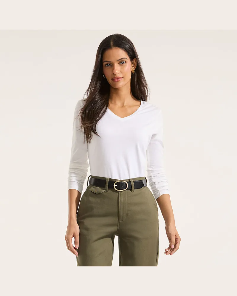 Lands' End Supima® Langarm-Shirt mit V-Ausschnitt, Damen, Größe petite, Weiß, Baumwolle, by Weiß
