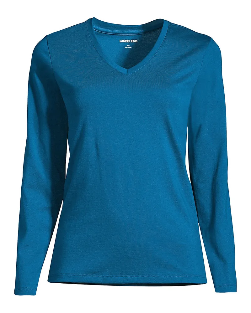 Lands' End Supima® Langarm-Shirt mit V-Ausschnitt, Damen, Größe plus, Blau, Baumwolle, by Blau