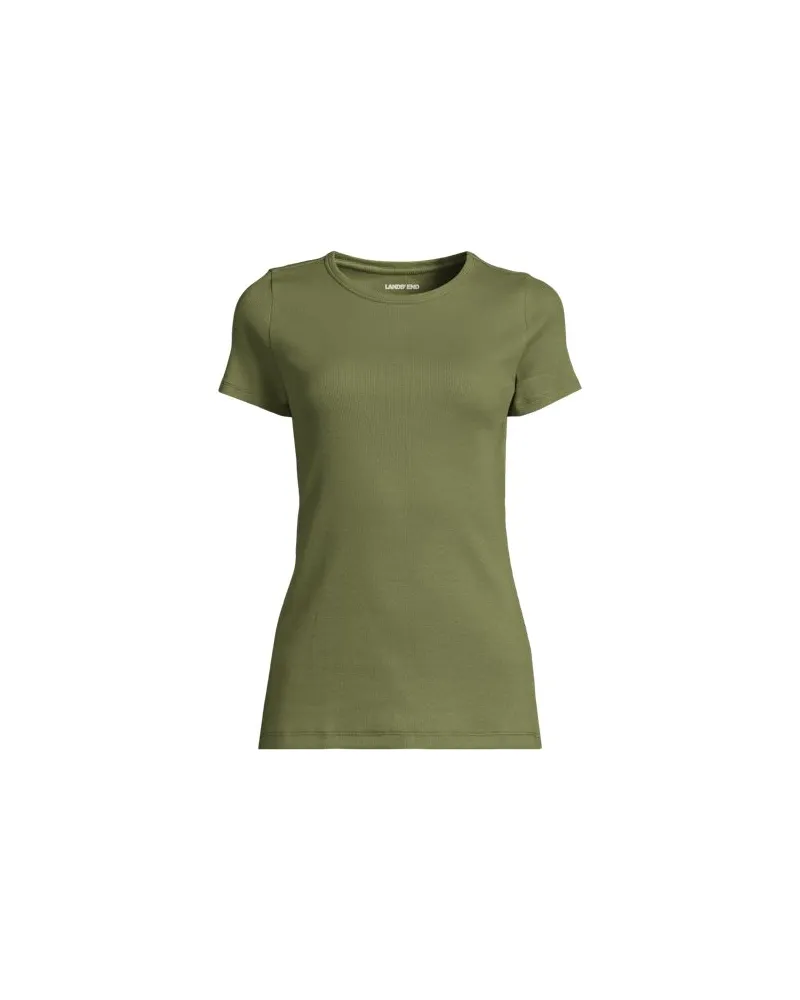 Lands' End Feinripp-Shirt mit Rundhalsausschnitt und kurzen Ärmeln, Damen, Größe regular, Grün, Baumwolle/Elasthan, by Grün