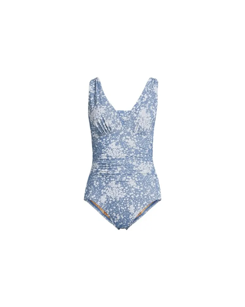 Lands' End Gemusterter Shape-Badeanzug mit V-Ausschnitt SLENDER, Damen, Größe plus, Blau, Elasthan/Nylon-Mischung, by Blau