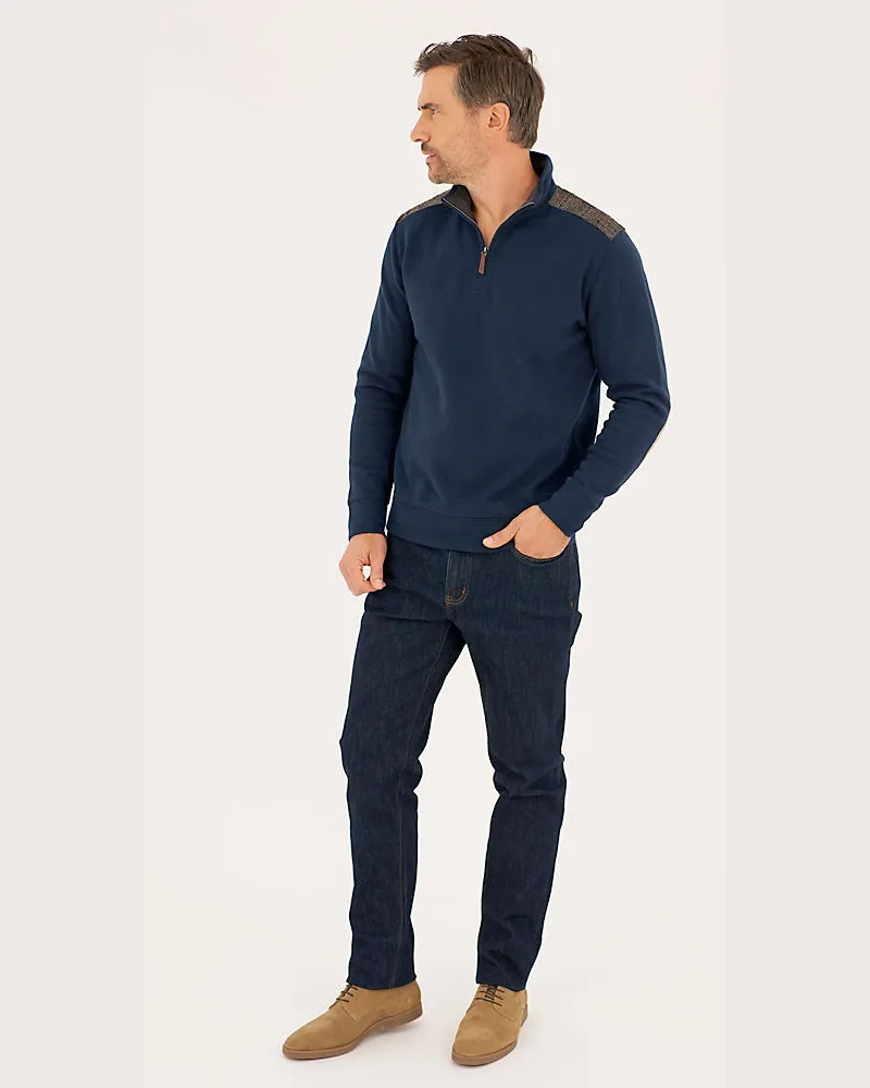 Lands' End Harris Tweed Rippstrick-Pullover mit Reißverschluss, Herren, Größe regular, Blau, Baumwolle/Polyester/Baumwoll-Mischung, by Blau