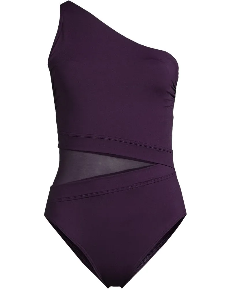 Lands' End One-Shoulder Badeanzug, leicht straffend, mit Netz-Detail, Damen, Größe:34 regular, Lila, Elasthan/Nylon-Mischung, by Lila