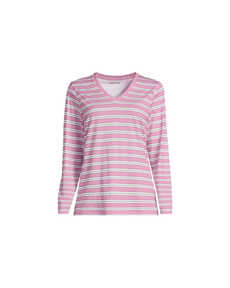 Lands' End Supima® Langarm-Shirt mit V-Ausschnitt, Damen, Größe regular, Pink, Baumwolle, by Pink