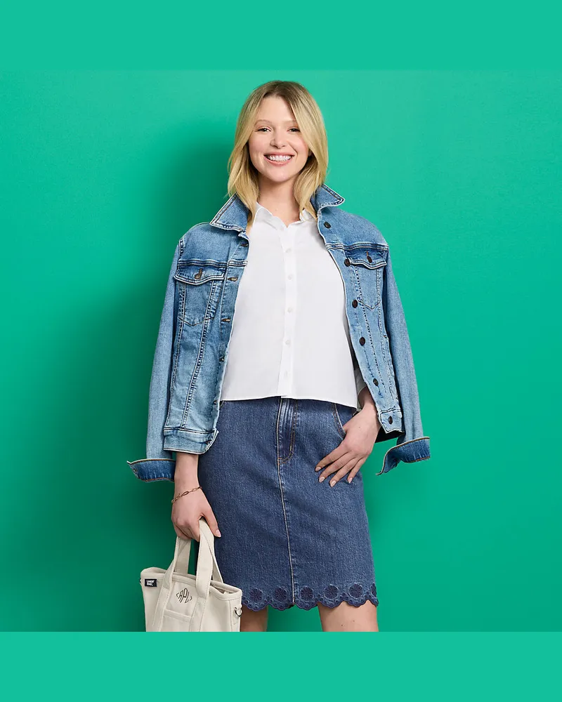 Lands' End Kurzer Soft Denim Rock mit besticktem Saum, Damen, Größe regular, Blau, Elasthan/Baumwoll-Mischung, by Blau