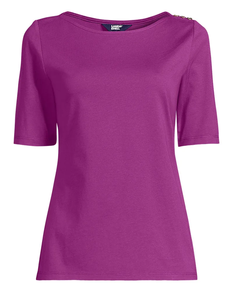 Lands' End Supima T-Shirt mit U-Boot-Ausschnitt und geknöpfter Schulter, Damen, Größe regular, Lila, Baumwolle, by Lila