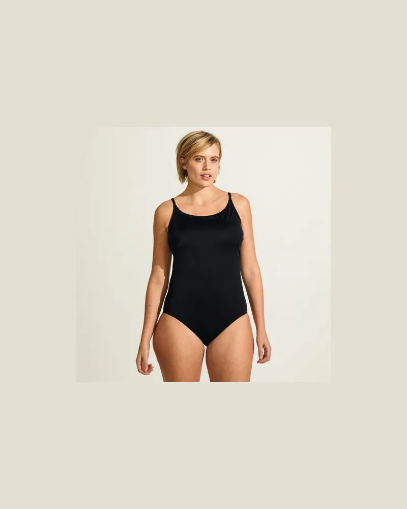 Lands' End Komfort-Badeanzug mit schmalen Trägern, hohes Bein, Damen, Größe plus, Schwarz, Nylon-Mischung, by Schwarz