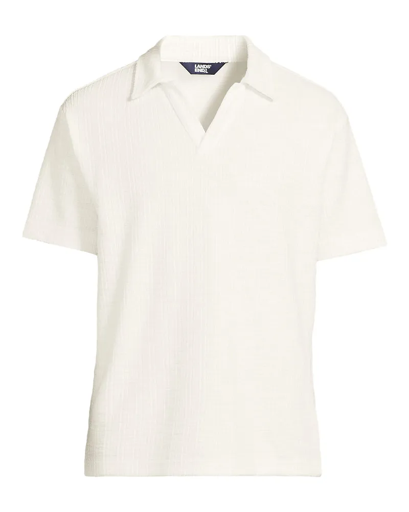 Lands' End Jacquard-Shirt mit V-Ausschnitt, Herren, Größe regular, Weiß, Baumwolle/Polyester, by Weiß