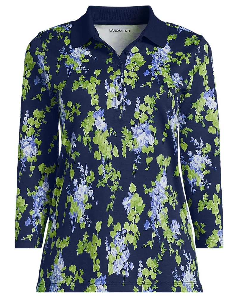 Lands' End Supima-Poloshirt mit 3/4-Ärmeln, Damen, Größe regular, Blau, Baumwolle, by Blau