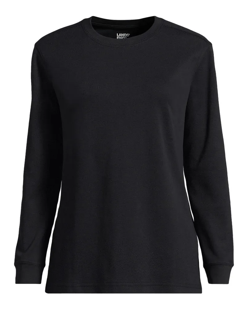Lands' End Langärmeliges Supima Rundhalsshirt aus Interlock-Baumwolle, Damen, Größe plus, Schwarz, Baumwolle/Elasthan, by Schwarz