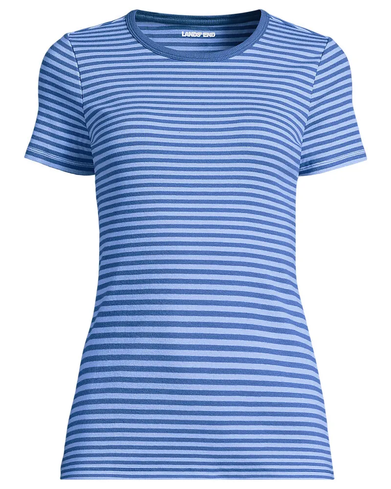 Lands' End Feinripp-Shirt mit Rundhalsausschnitt und kurzen Ärmeln, Damen, Größe regular, Blau, Baumwolle/Elasthan, by Blau