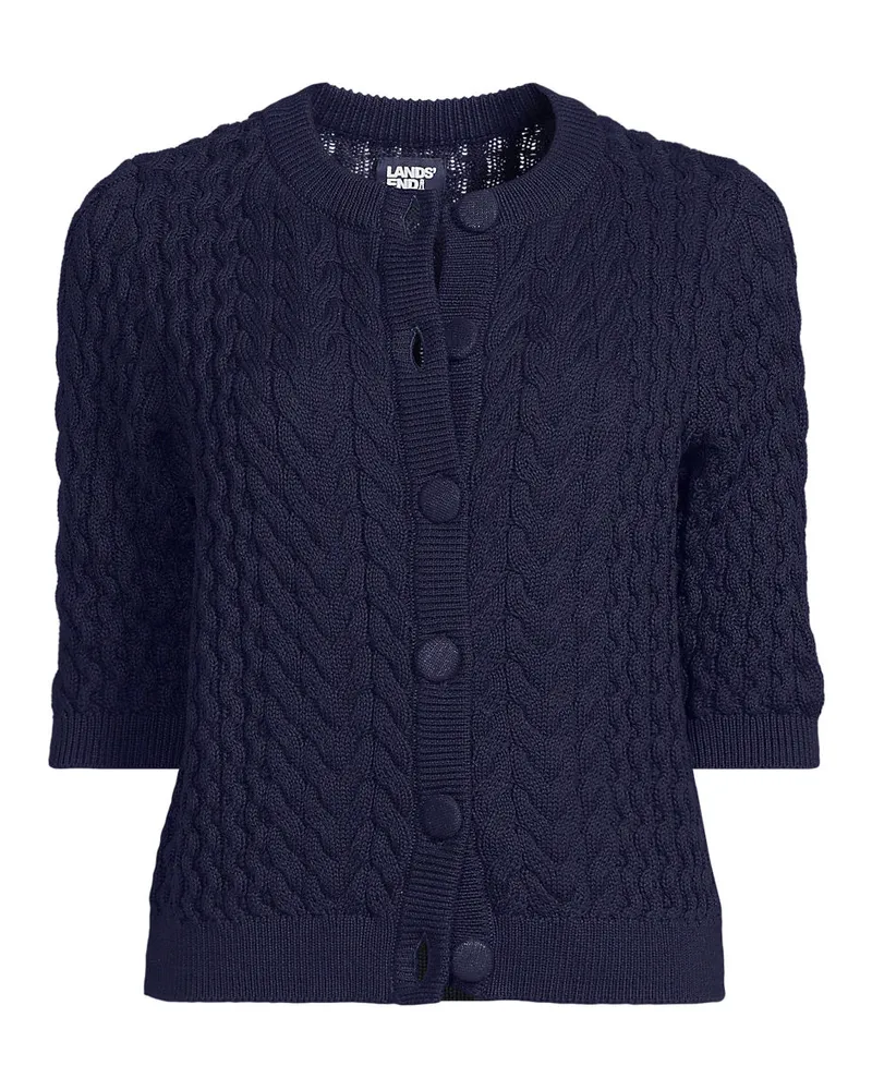 Lands' End Baumwoll-Zopfmustercardigan mit 3/4-Ärmeln, Damen, Größe regular, Blau, Baumwolle, by Blau