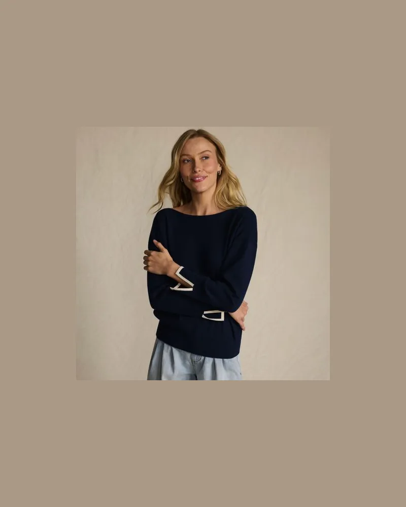 Lands' End Feinstrick-Pullover mit U-Boot-Ausschnitt, Damen, Größe:44-46 regular, Blau, Polyester/Viskose/Polyester-Mischung, by Blau